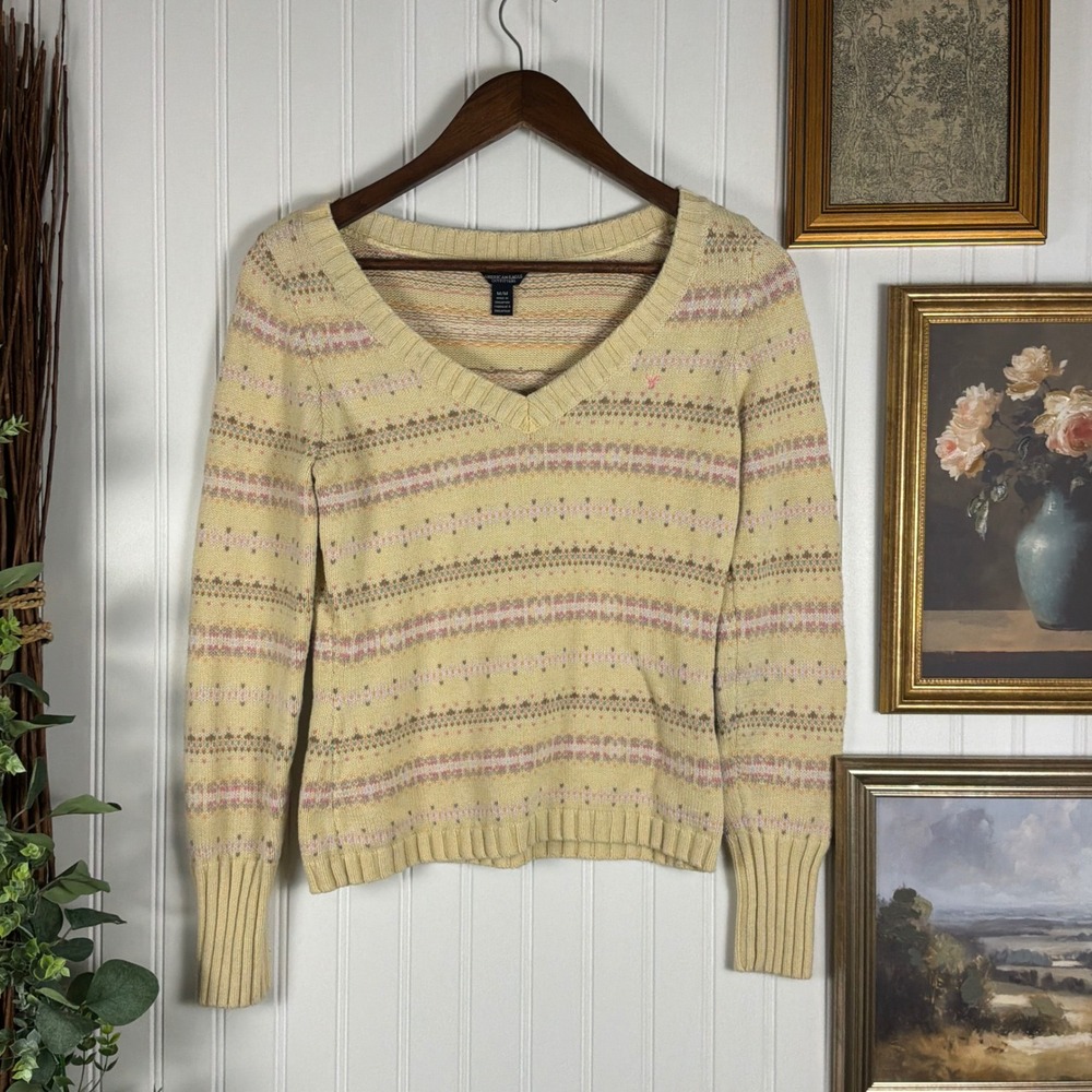American Eagle Fair Isle Sweater Womens Medium Yellow Excellent Vintage Y2K